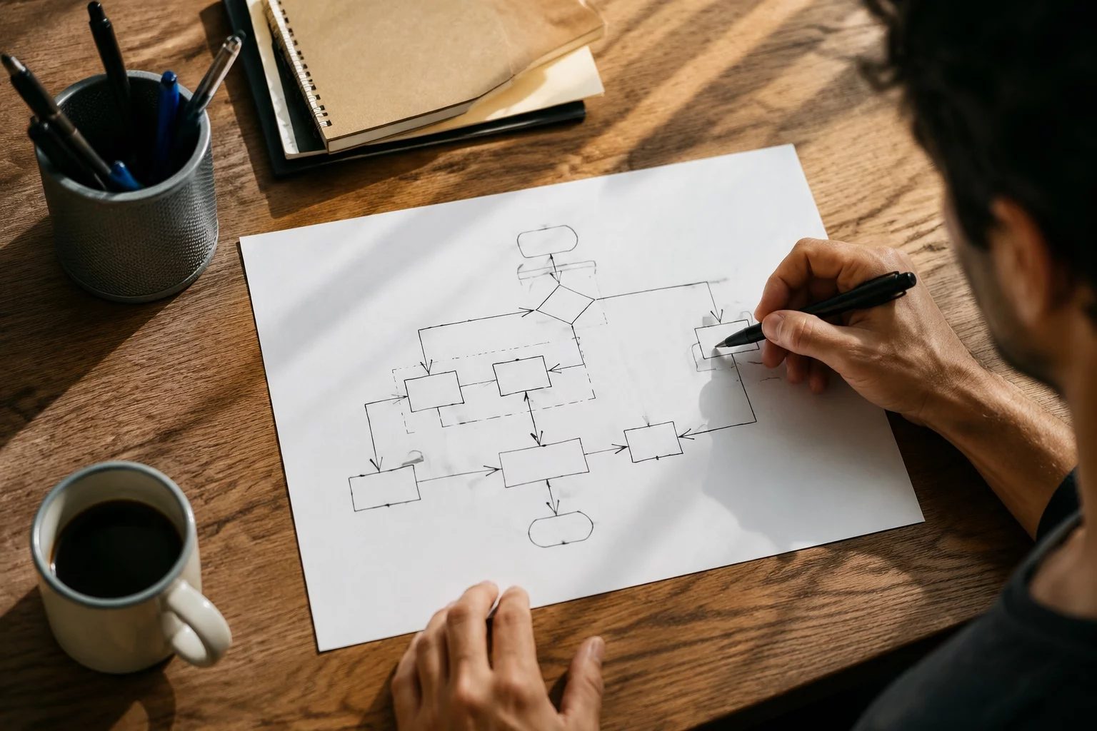 Vista de cima de uma mesa com um diagrama de lógica desenhado à mão