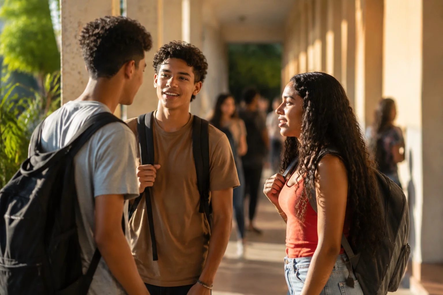 Estudantes com mochilas conversando no corredor de uma universidade