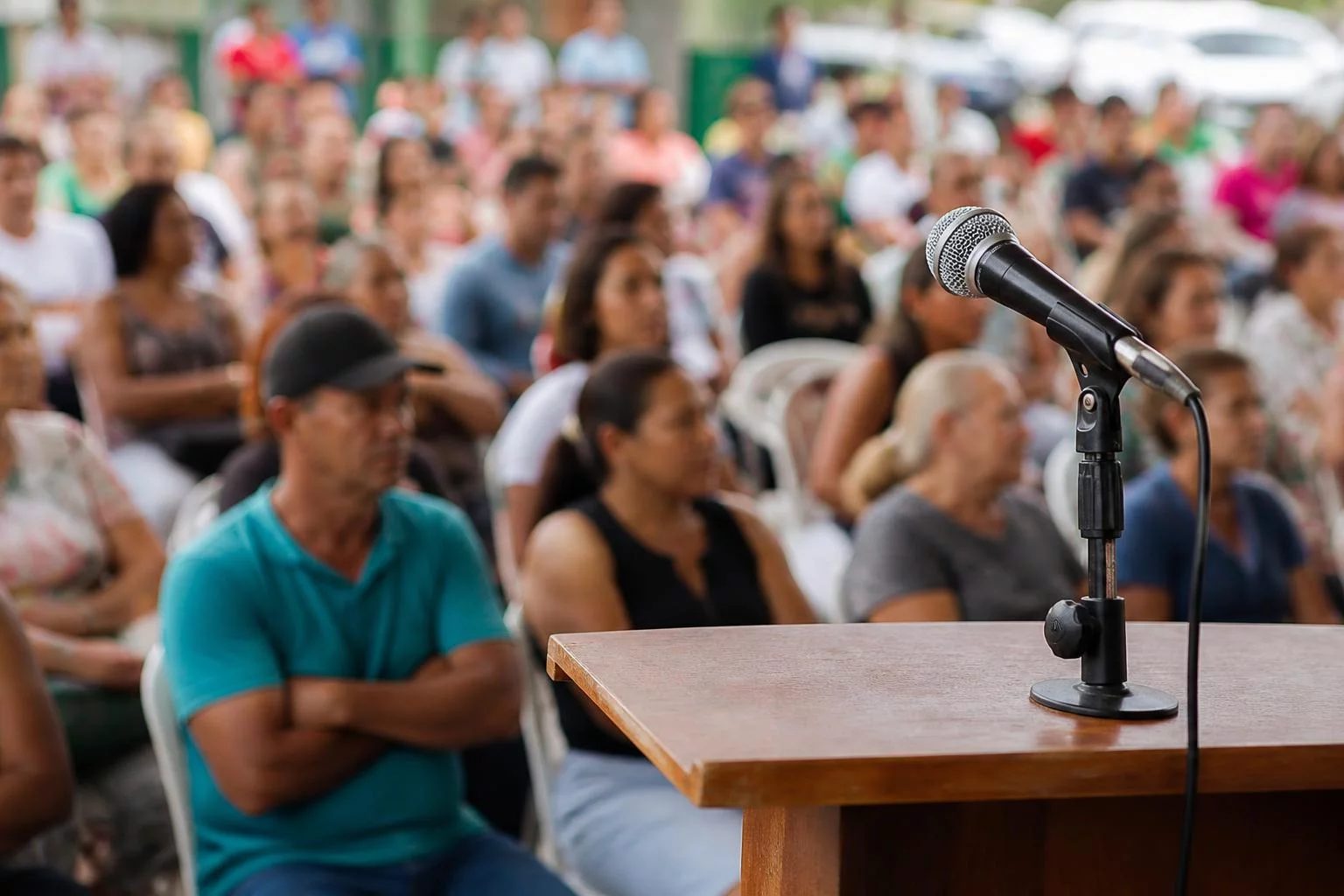 Microfone sobre uma tribuna, com a plateia sentada desfocada ao fundo
