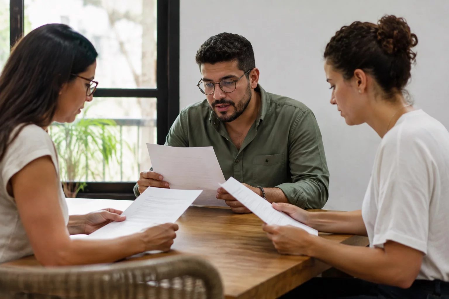 Grupo pequeno lendo páginas impressas de argumentos ao redor de uma mesa