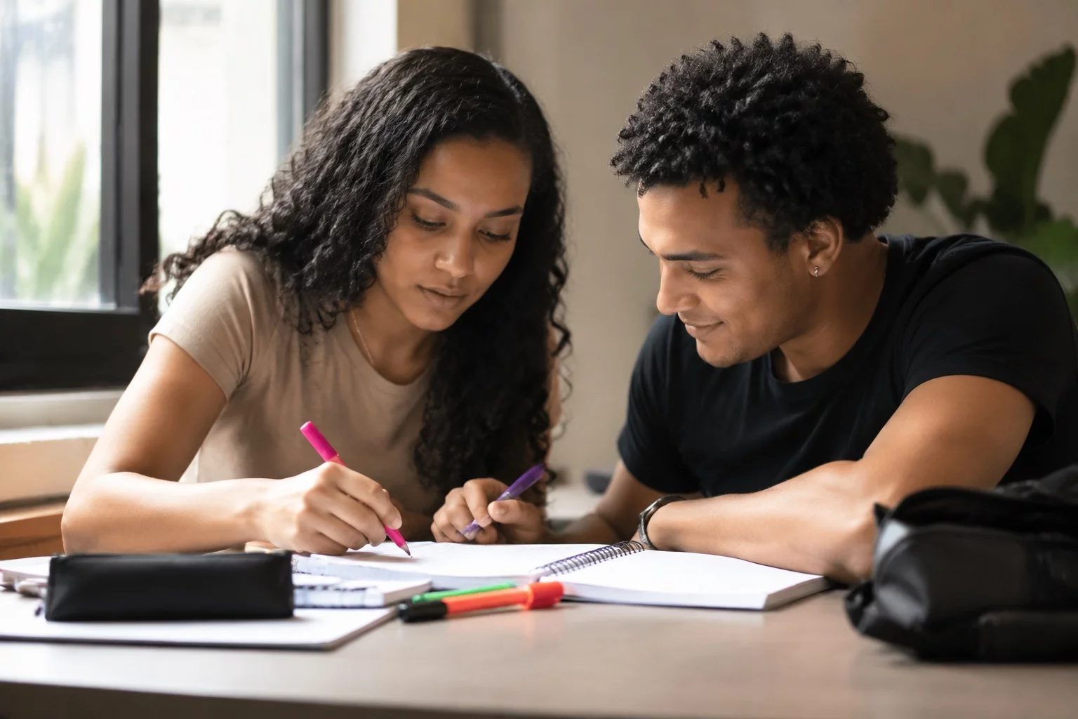 Dois estudantes preparando um debate com cadernos e marcadores