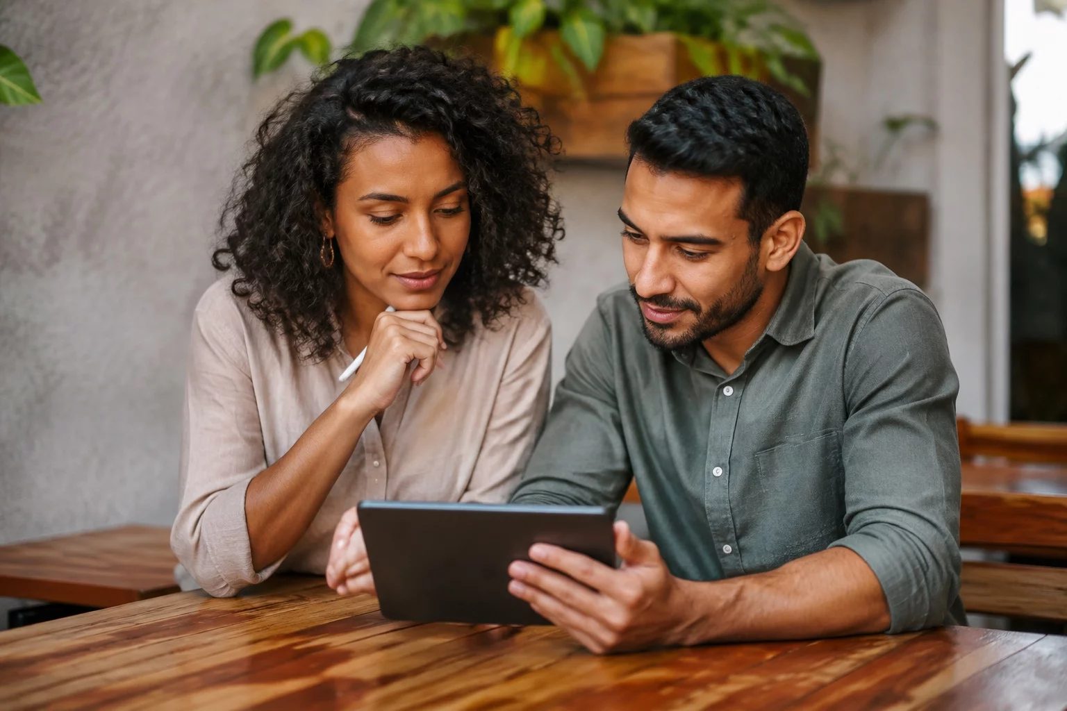 Duas pessoas revisando anotações em um tablet sobre uma mesa de madeira