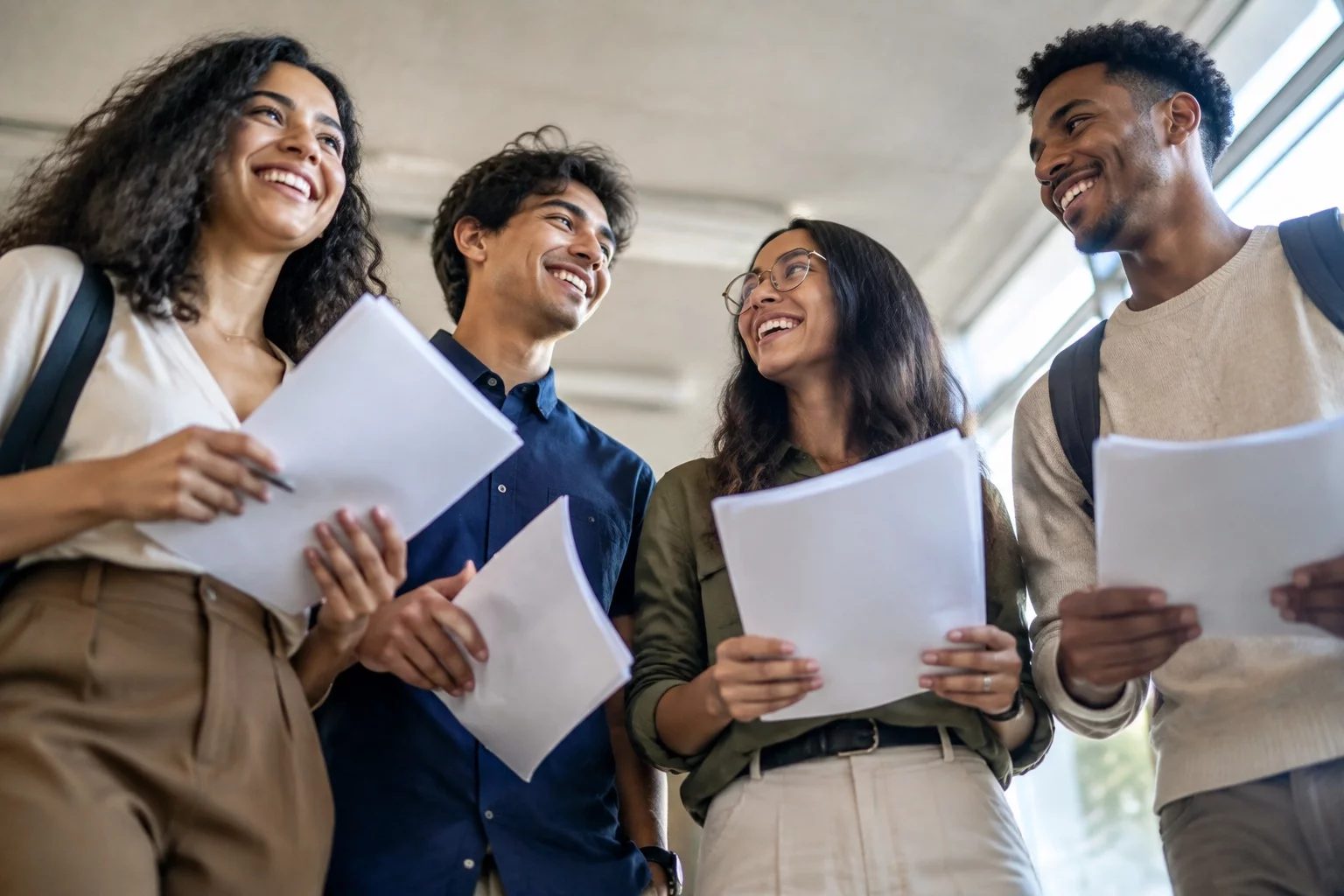 Grupo sorrindo após uma rodada de debate, com papéis nas mãos